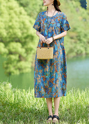 Classy Blue O-Neck Print Cotton Long Dress Summer