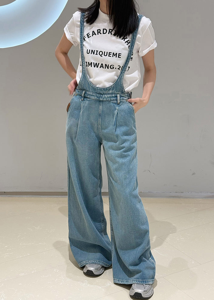Classy Blue Oversized Denim Straight Pants Jumpsuit Fall