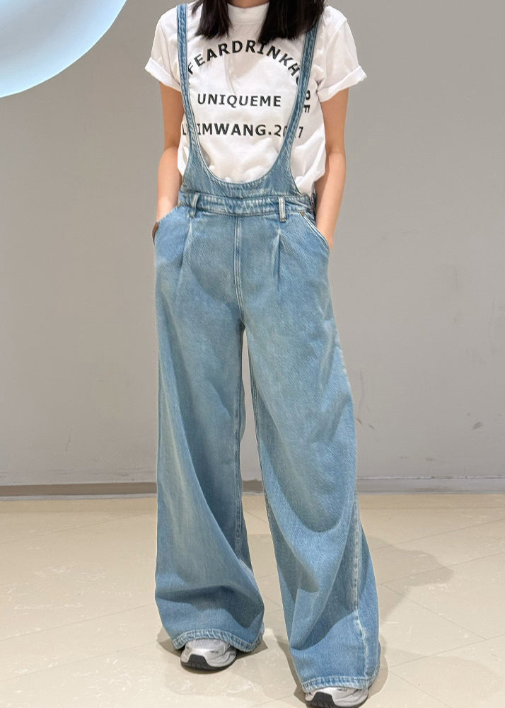 Classy Blue Oversized Denim Straight Pants Jumpsuit Fall