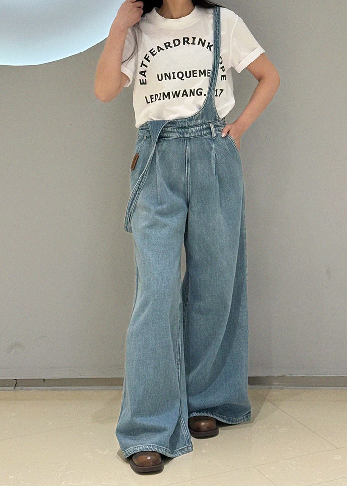 Classy Blue Oversized Denim Straight Pants Jumpsuit Fall