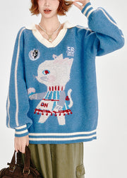 Classy Blue Oversized Jacquard Knitted Tops Winter
