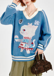 Classy Blue Oversized Jacquard Knitted Tops Winter