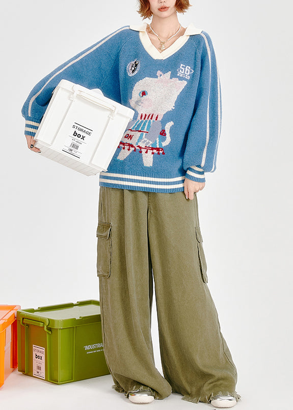 Classy Blue Oversized Jacquard Knitted Tops Winter