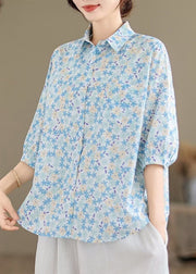 Classy Blue Oversized Print Cotton Blouse Tops Half Sleeve