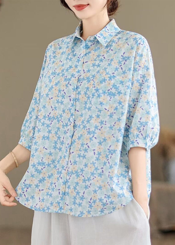 Classy Blue Oversized Print Cotton Blouse Tops Half Sleeve