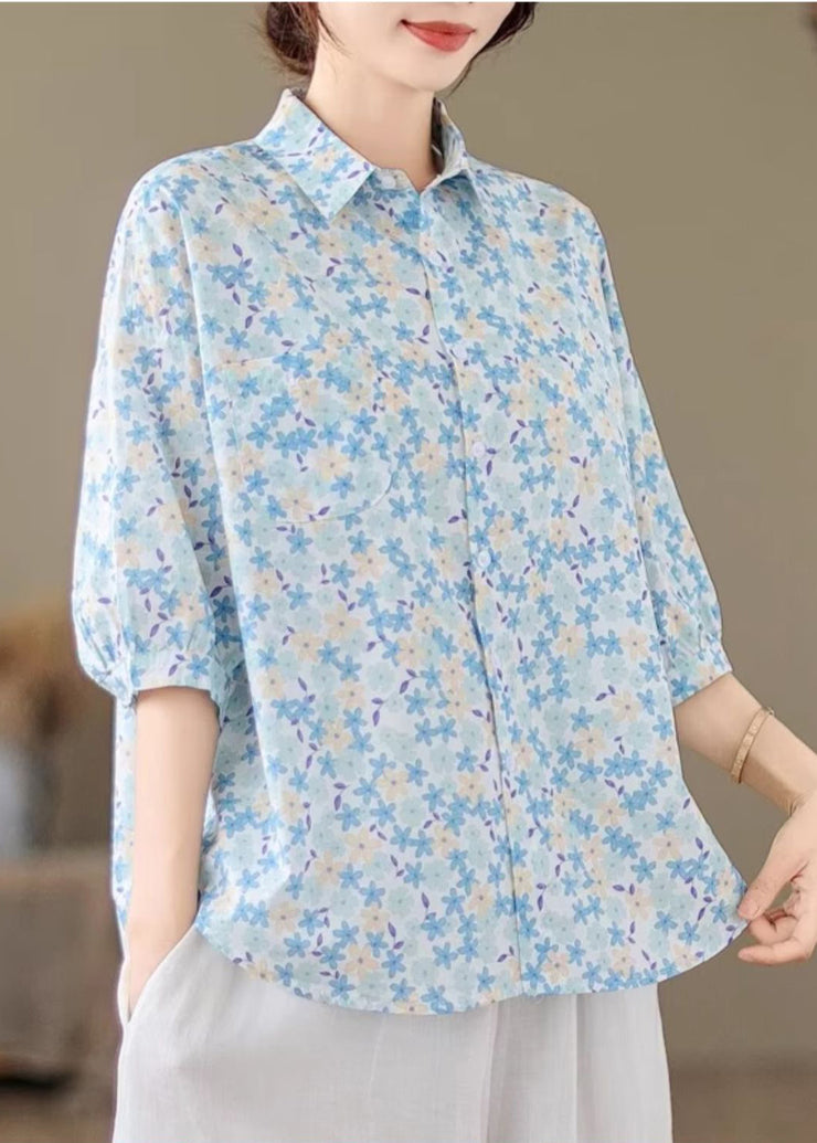 Classy Blue Oversized Print Cotton Blouse Tops Half Sleeve