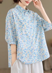 Classy Blue Oversized Print Cotton Blouse Tops Half Sleeve