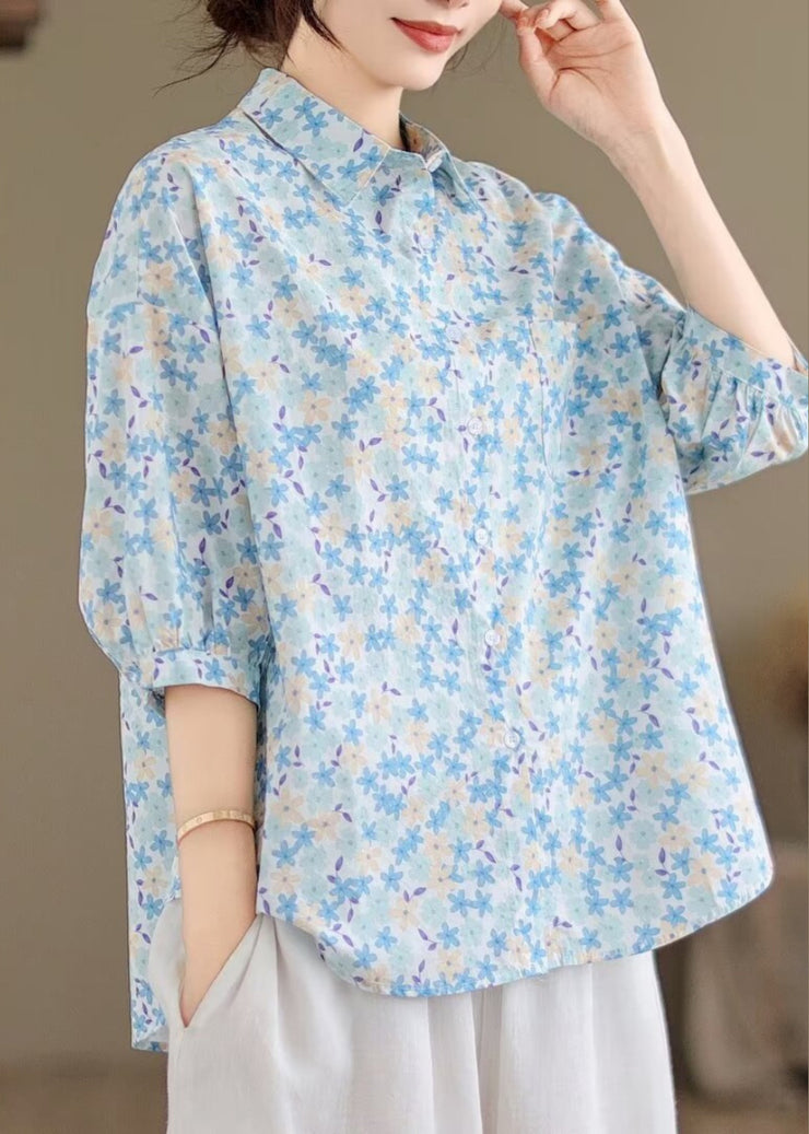 Classy Blue Oversized Print Cotton Blouse Tops Half Sleeve