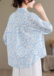 Classy Blue Oversized Print Cotton Blouse Tops Half Sleeve