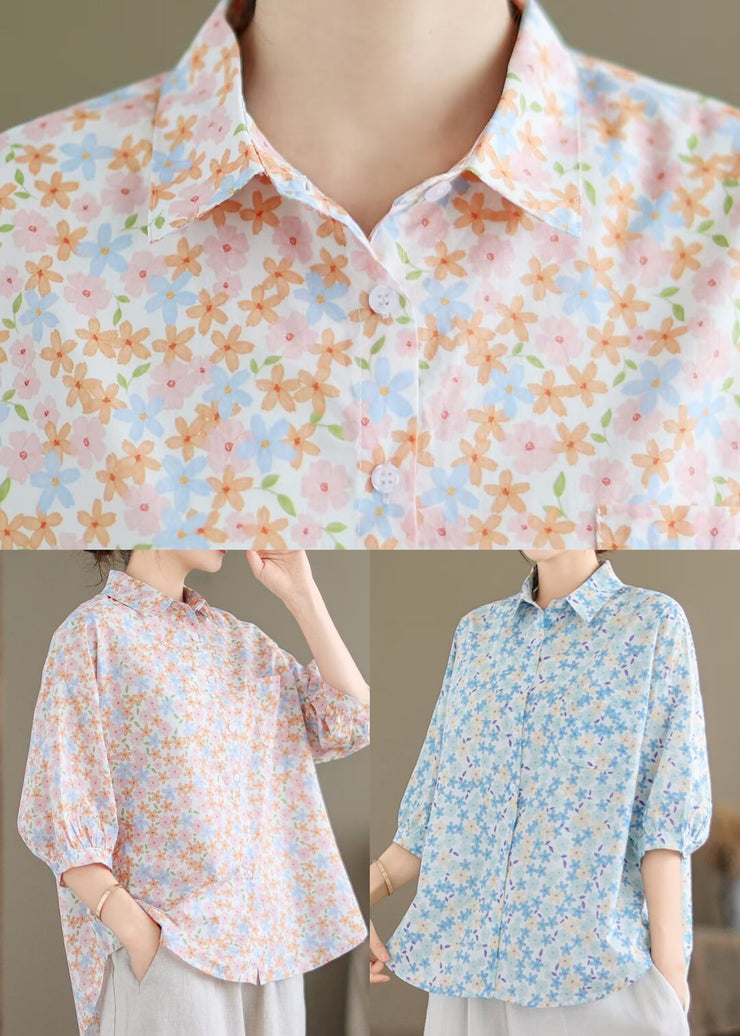 Classy Blue Oversized Print Cotton Blouse Tops Half Sleeve