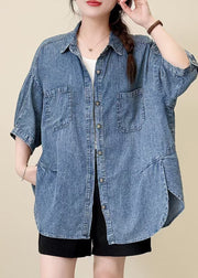 Classy Blue Oversized Side Open Denim Shirt Top Summer