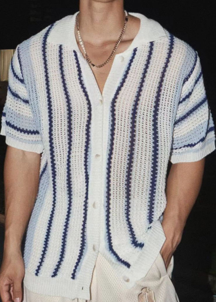 Classy Blue Peter Pan Collar Striped Knit Mens Tshirt Summer