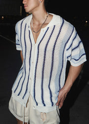 Classy Blue Peter Pan Collar Striped Knit Mens Tshirt Summer