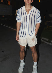 Classy Blue Peter Pan Collar Striped Knit Mens Tshirt Summer