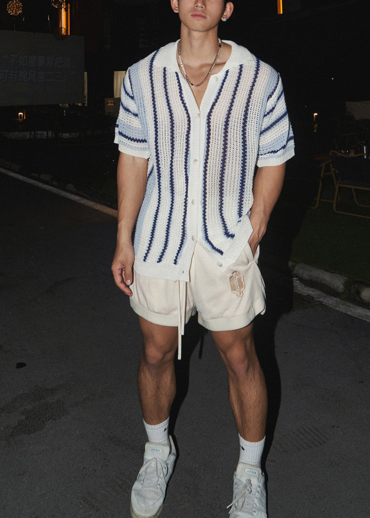Classy Blue Peter Pan Collar Striped Knit Mens Tshirt Summer