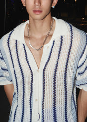 Classy Blue Peter Pan Collar Striped Knit Mens Tshirt Summer
