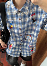 Classy Blue Plaid Print Button Cotton Men's Shirts Half Sleeve