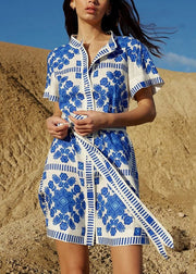 Classy Blue Print Lace Up Cotton Mid Dresses Summer