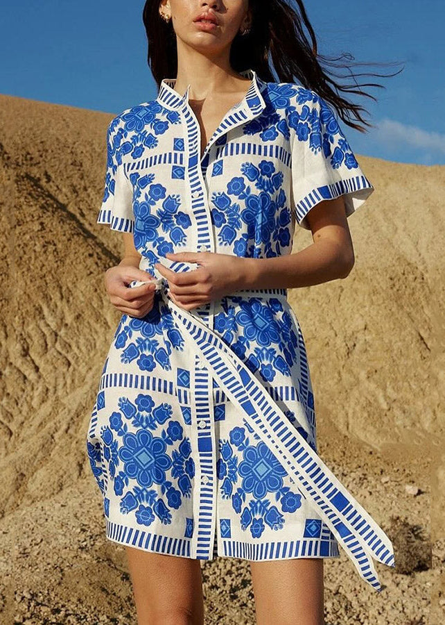 Classy Blue Print Lace Up Cotton Mid Dresses Summer
