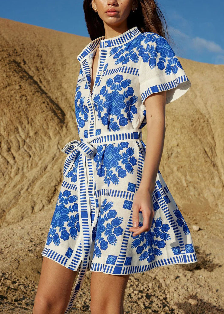 Classy Blue Print Lace Up Cotton Mid Dresses Summer
