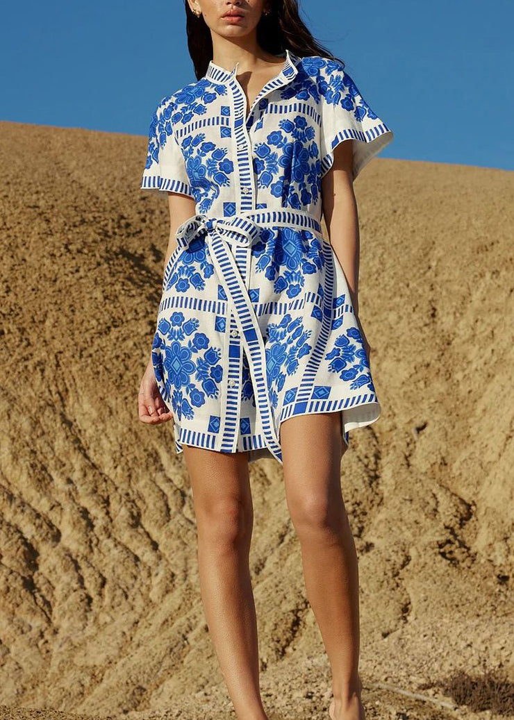 Classy Blue Print Lace Up Cotton Mid Dresses Summer