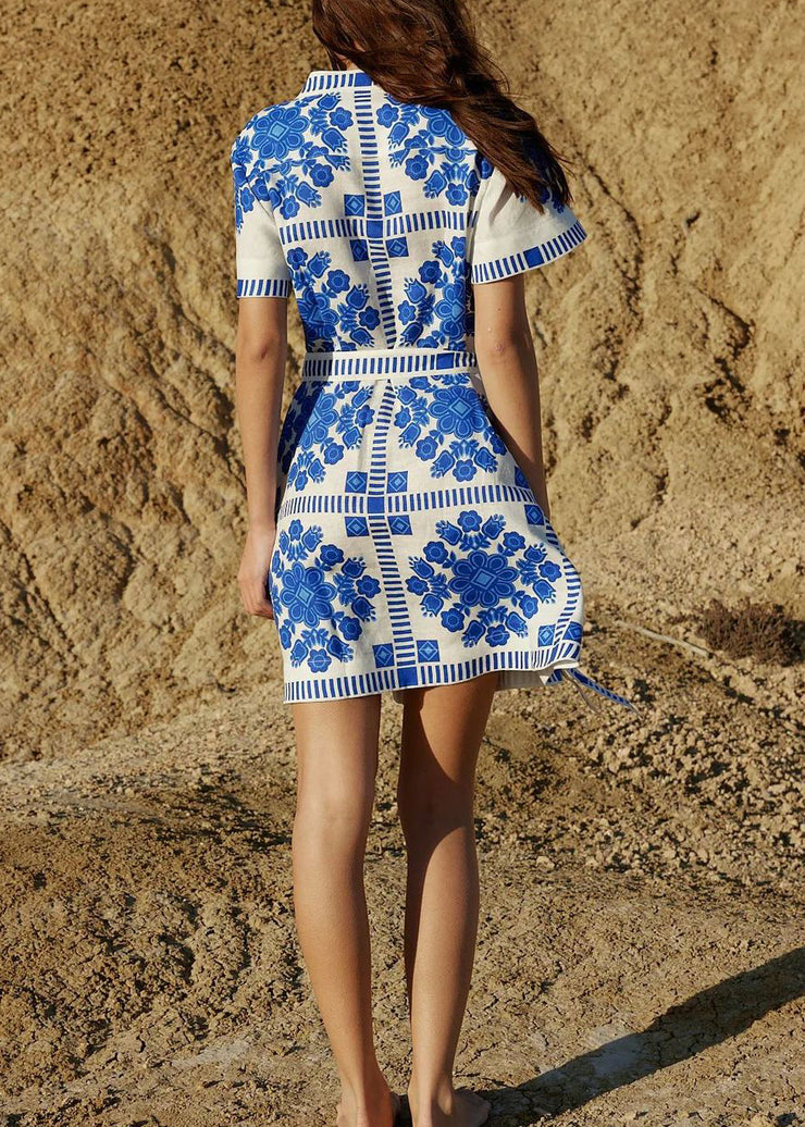 Classy Blue Print Lace Up Cotton Mid Dresses Summer