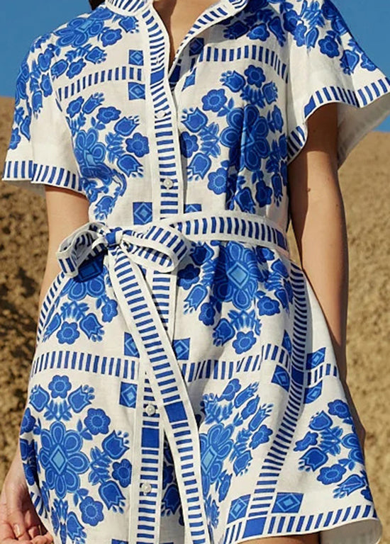 Classy Blue Print Lace Up Cotton Mid Dresses Summer