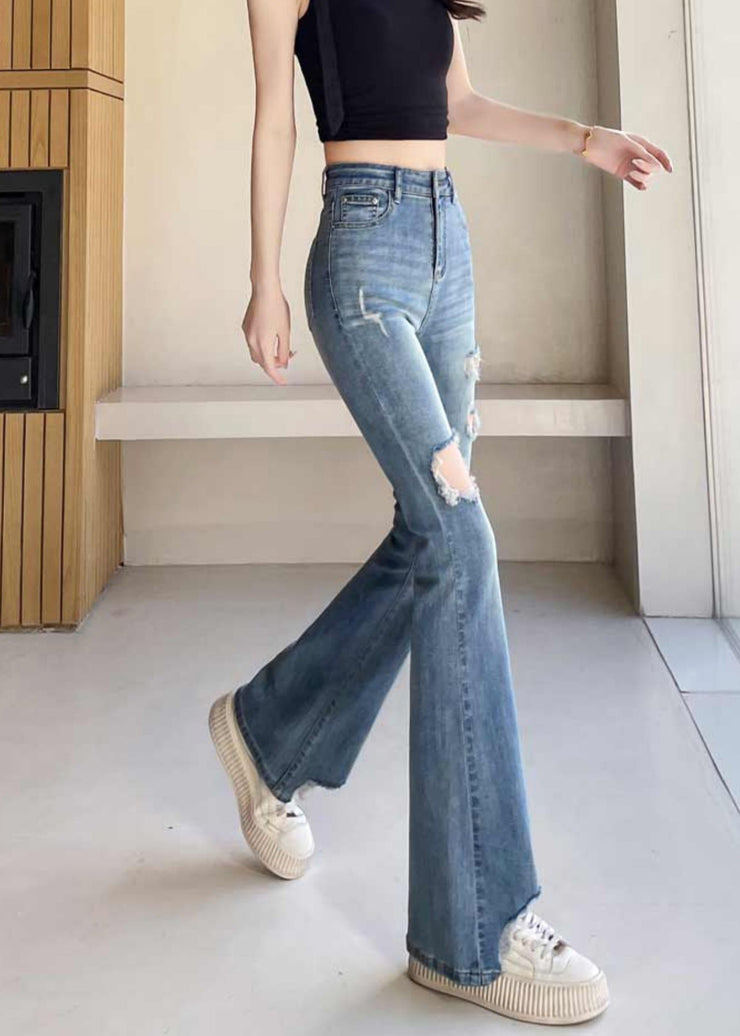 Classy Blue Silm Fit Denim Ripped Bell-bottom Trousers Fall