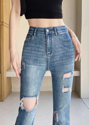 Classy Blue Silm Fit Denim Ripped Bell-bottom Trousers Fall