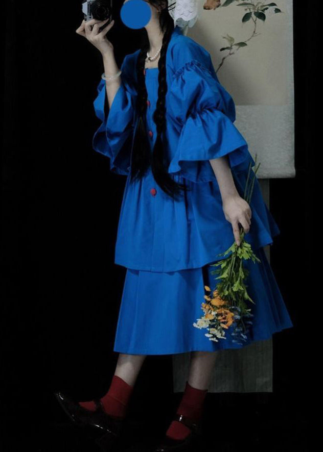 Classy Blue Square Collar Wrinkled Button Top And Skirts Two Pieces Set Spring
