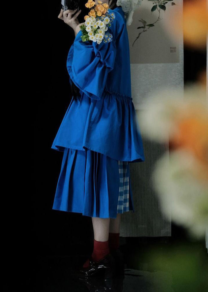 Classy Blue Square Collar Wrinkled Button Top And Skirts Two Pieces Set Spring
