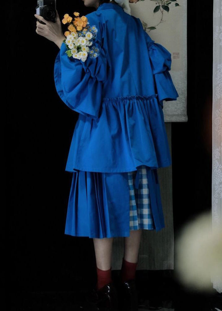 Classy Blue Square Collar Wrinkled Button Top And Skirts Two Pieces Set Spring