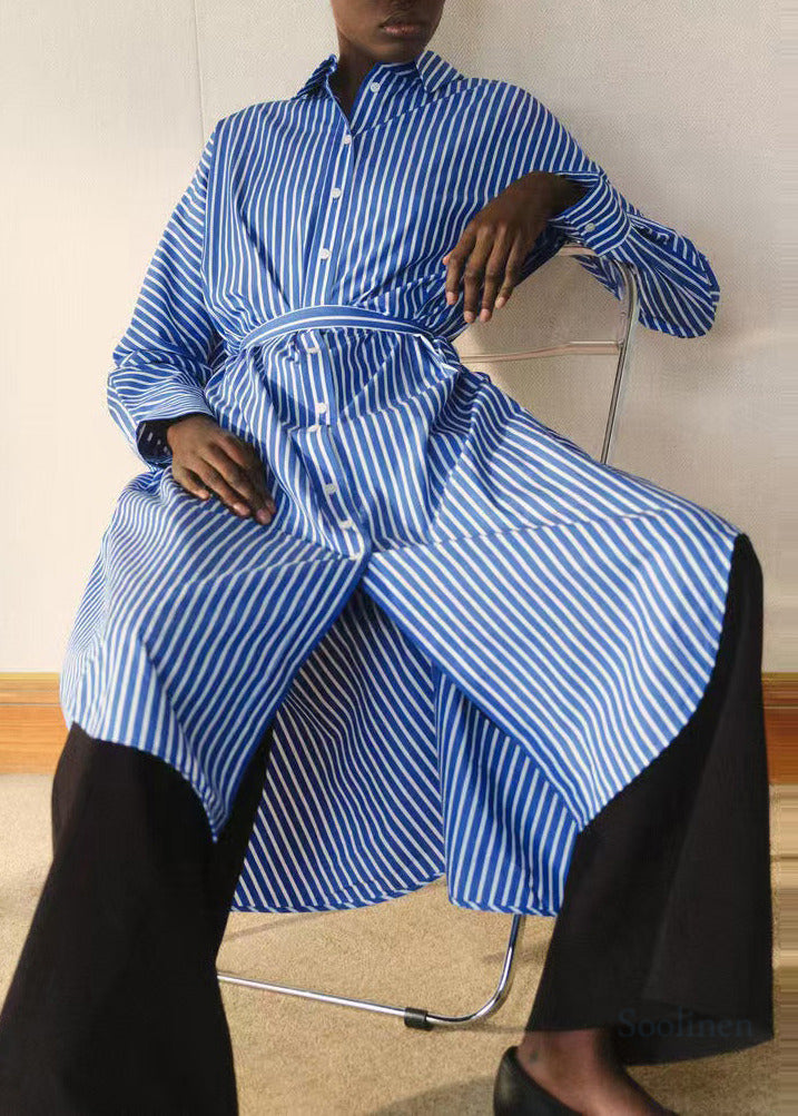 Classy Blue Striped Cotton Tunic Dresses Fall