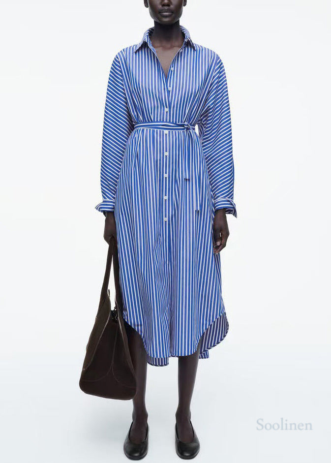 Classy Blue Striped Cotton Tunic Dresses Fall