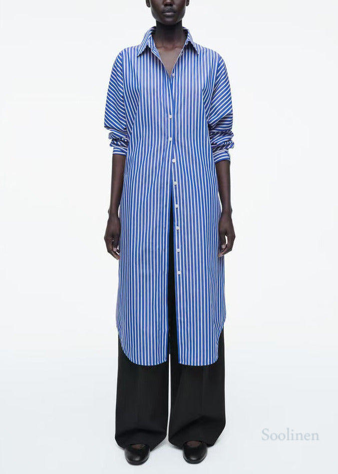 Classy Blue Striped Cotton Tunic Dresses Fall