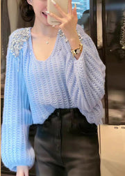 Classy Blue V Neck Sequins Knit Sweater Lantern Sleeve