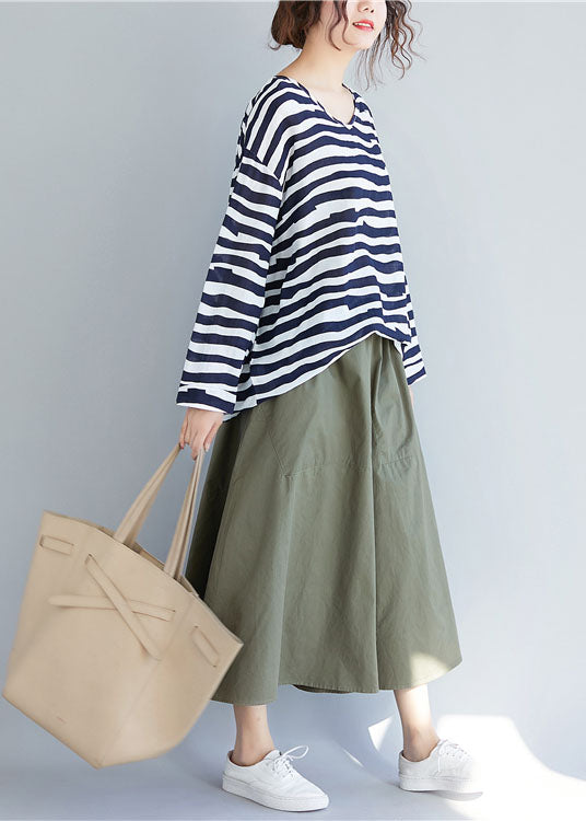 Classy Blue V Neck Striped Cotton T Shirt Top Long Sleeve