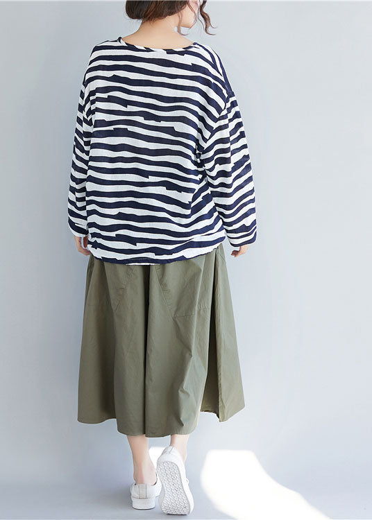 Classy Blue V Neck Striped Cotton T Shirt Top Long Sleeve