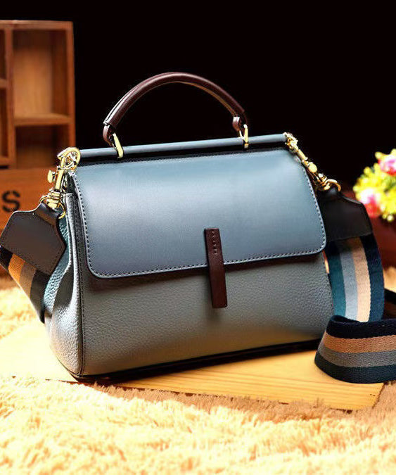 Classy Blue Versatile Solid Durable Calf Leather Tote Handbag
