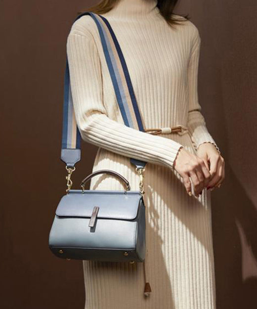 Classy Blue Versatile Solid Durable Calf Leather Tote Handbag