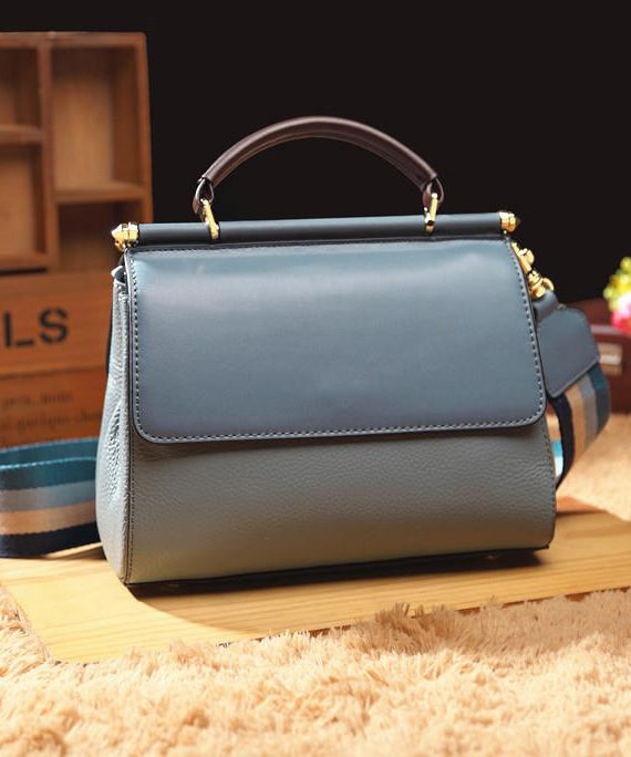 Classy Blue Versatile Solid Durable Calf Leather Tote Handbag