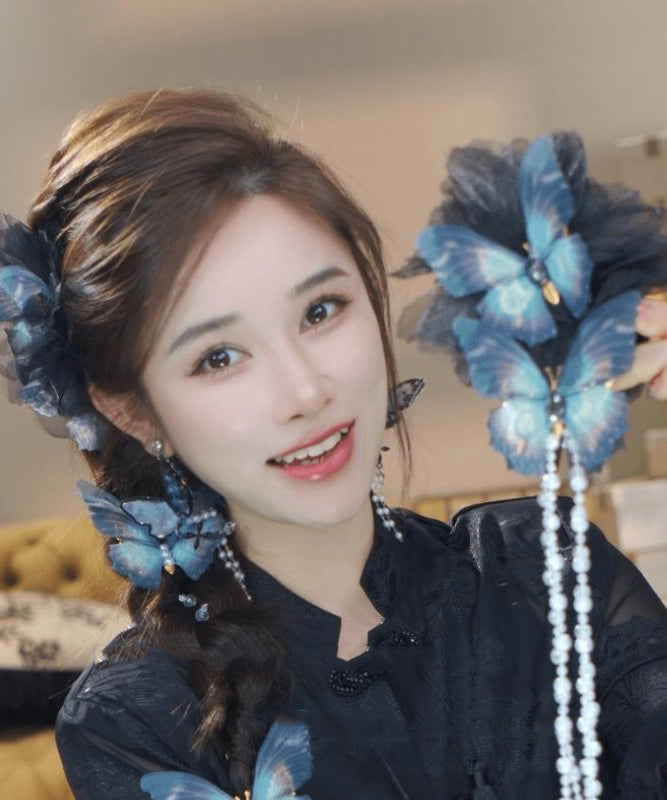 Classy Blue Zircon Fabric Pearl Tassel Hairpin