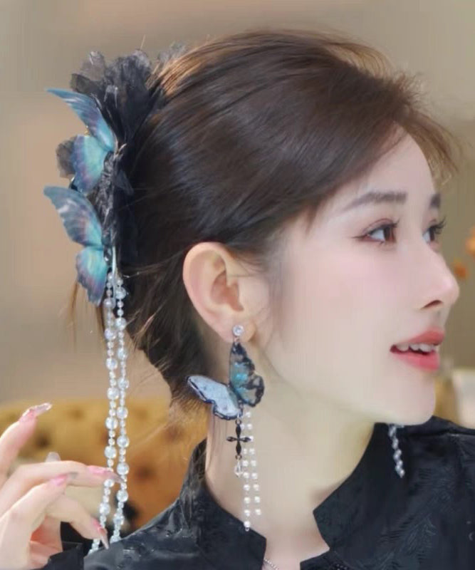 Classy Blue Zircon Fabric Pearl Tassel Hairpin