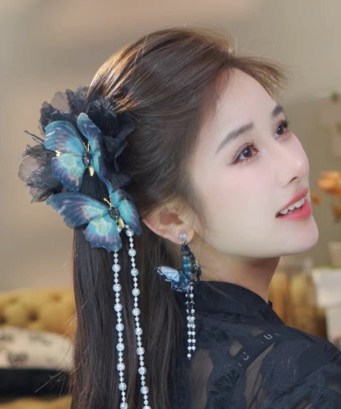 Classy Blue Zircon Fabric Pearl Tassel Hairpin