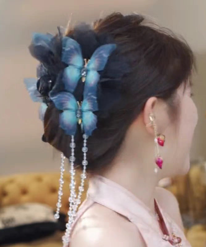 Classy Blue Zircon Fabric Pearl Tassel Hairpin