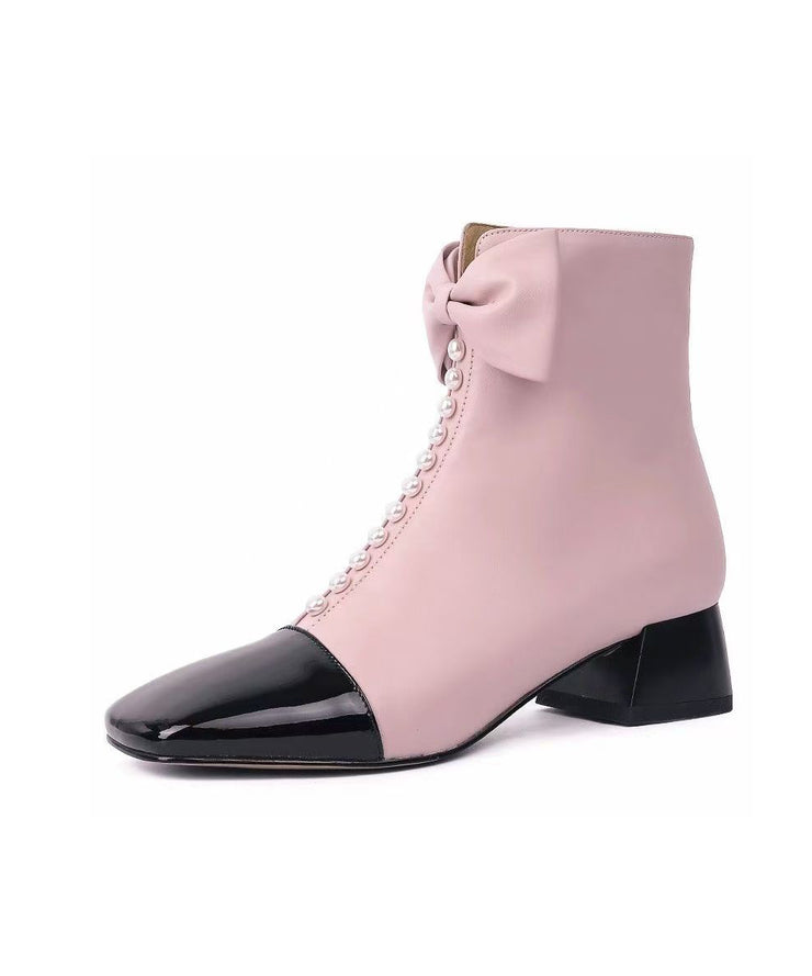 Classy Bow Zippered Splicing Chunky Boots Pink Sheepskin