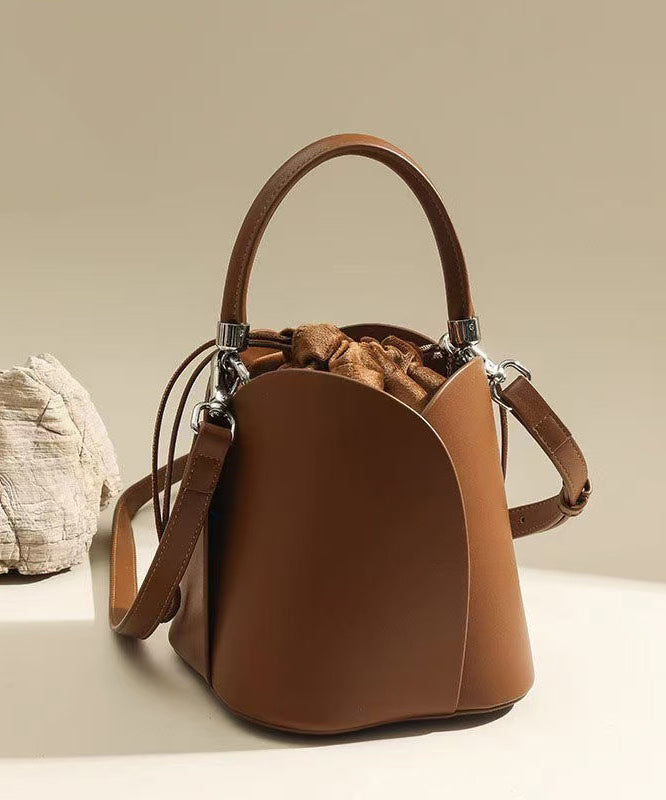 Classy Brown Drawstring Durable Faux Leather Bucket Bag