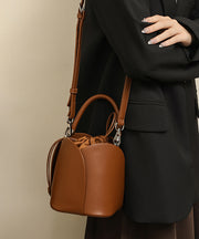 Classy Brown Drawstring Durable Faux Leather Bucket Bag