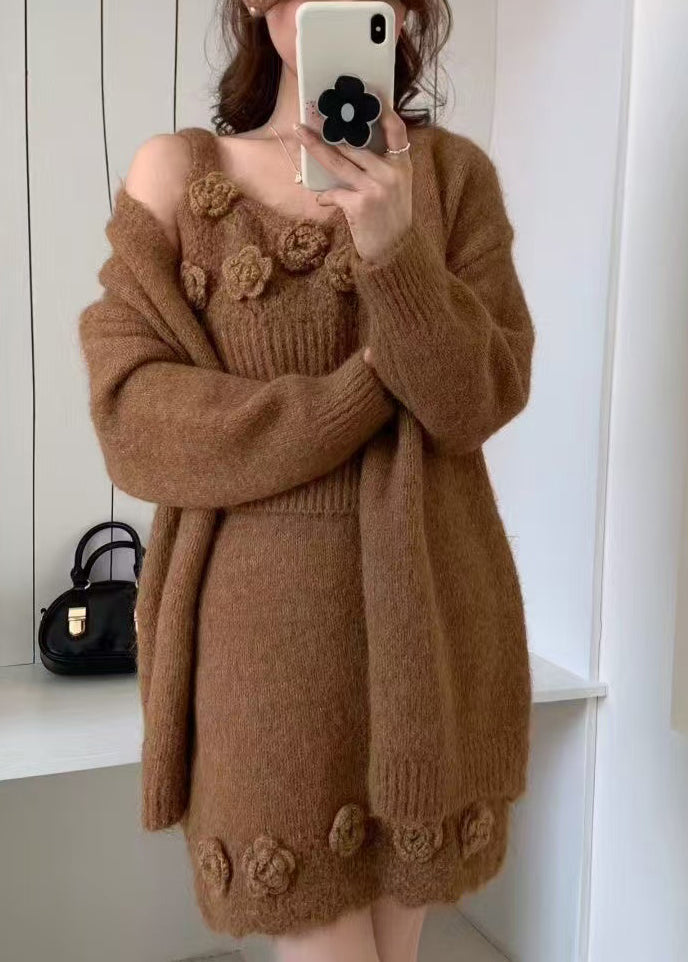 Classy Brown Floral Decorated Knit Three Piece Set Women Clothing Fall