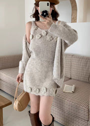 Classy Brown Floral Decorated Knit Three Piece Set Women Clothing Fall